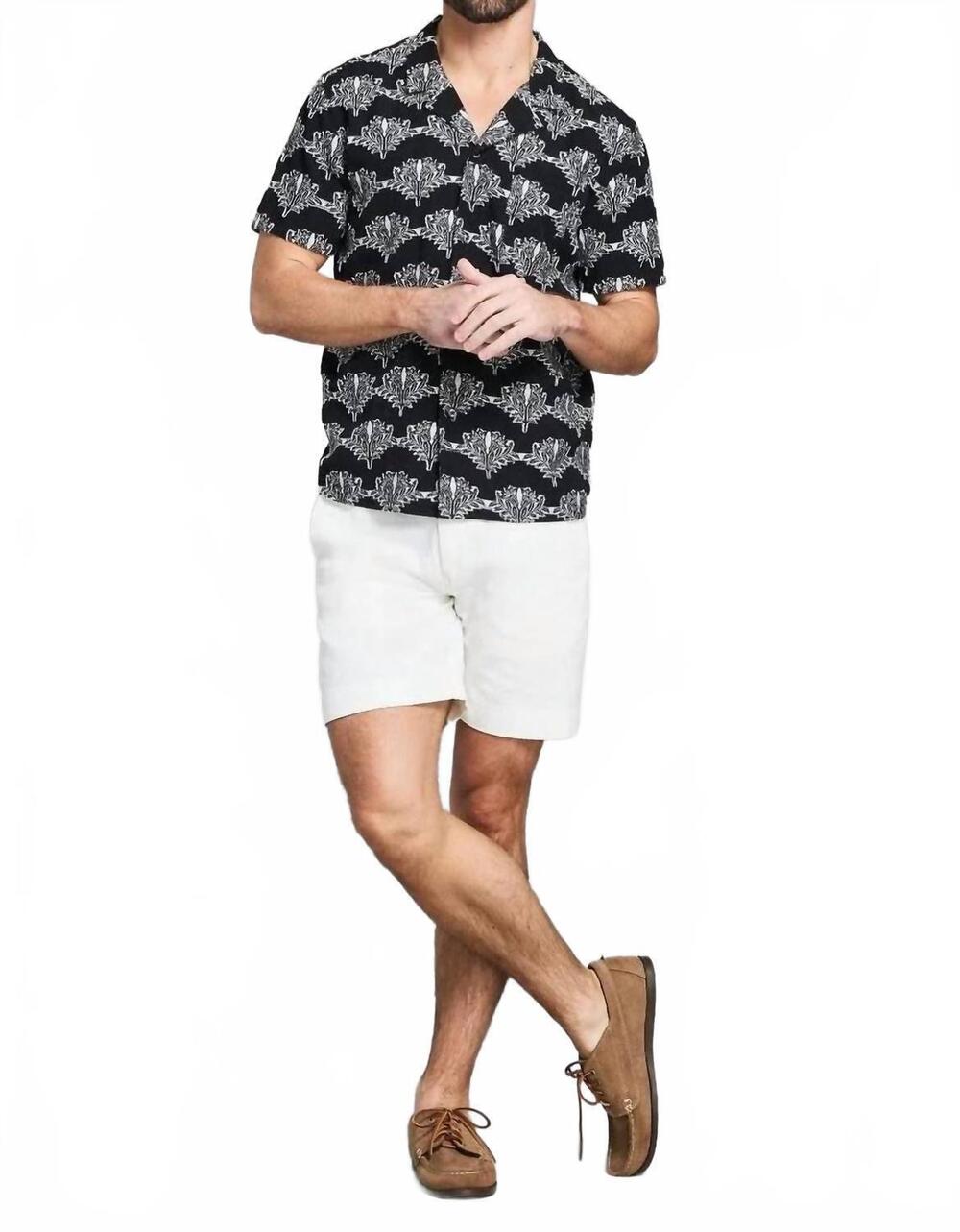 NEW BILLY REID short sleeve botanical jacquard camp shirt in black tinted white